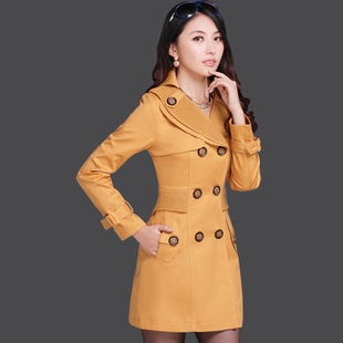  布依美秋装新品 女装原创独特针织拼接双排扣中长款风衣 女 1730
