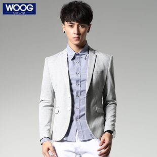  包邮 WOOG秋装男士韩版修身英伦白灰色针织小西装 休闲小西服外套