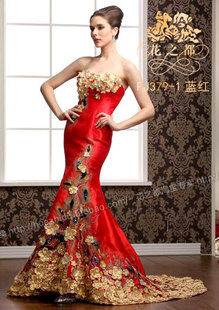 【花之都婚纱晚装淘宝专卖】新款中式金色花绣