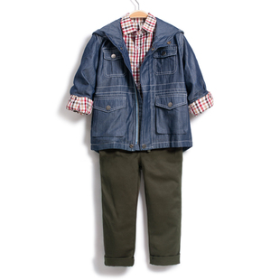  巴黎熊童装 男童 新年 春装 连帽牛仔风衣三件套套装 包邮