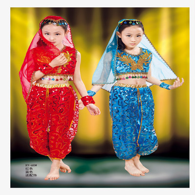 标题优化:新款六一儿童演出服新疆舞亮皮表演服幼儿肚皮舞套装印度舞服包邮