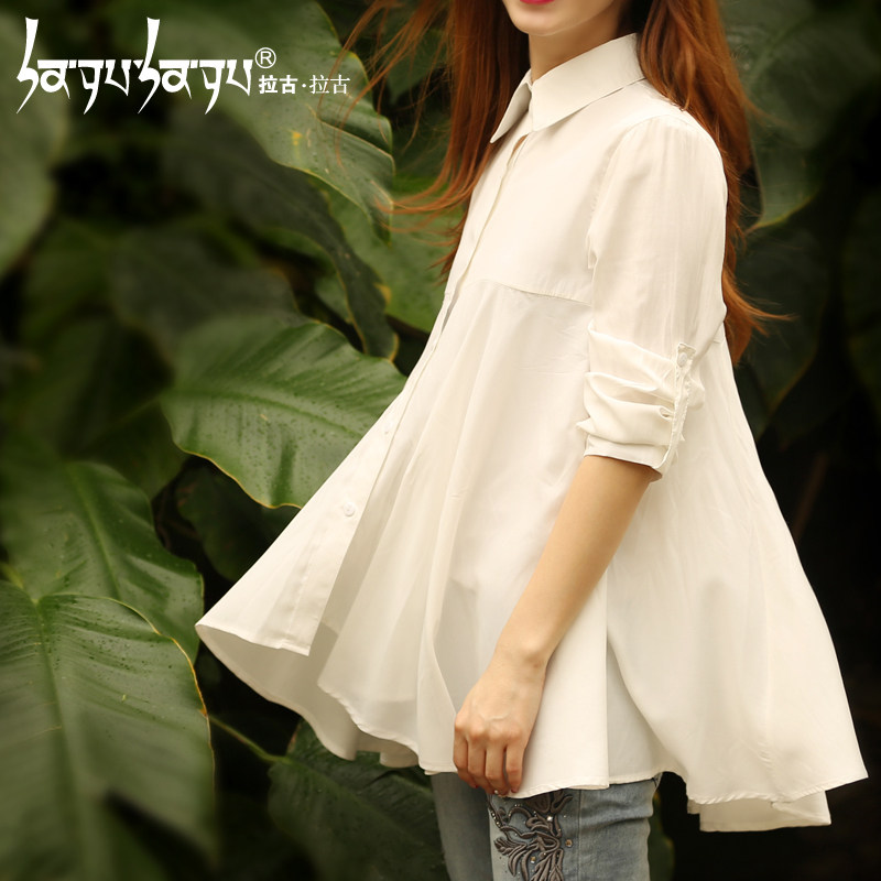 2014新款春装拉古白衬衫 女 长袖散摆中长款早春衬衫 春季上