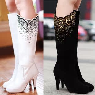  独款正品 春秋冬真皮靴女 高跟中筒靴 粗跟骑士靴 串珠黑白色靴子