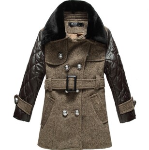  爱必贝冬装儿童装男童风衣韩版双排扣夹棉羊毛呢子长款厚大衣