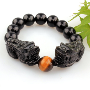  特价开光天然彩虹眼黑曜石双貔貅手珠男士必备招财转运手链护身符