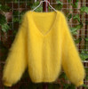 女式大v领灯笼袖长毛貂，绒衫黄色打底衫针织衫小款外套羊毛衫