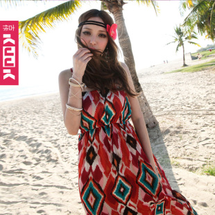  古佧 新款海边度假吊带连衣裙 波西米亚风格长裙 夏季 雪纺沙滩裙