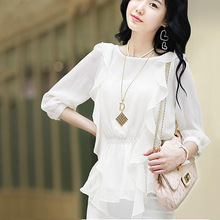 styleonme 2012春装新款韩版女装 飞袖荷叶边修身雪纺衫衬衫805