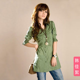春装新款2012女装韩版修身中袖衬衫职业ol中长款衬衫螺纹袖口衬衣