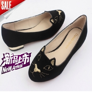  日本原单Charlotte Olympia 猫脸刺绣女式鞋 真皮舒适低跟鞋单鞋