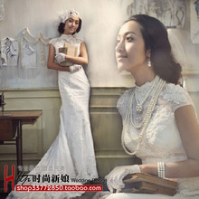 2012新款婚纱礼服新娘韩版一字肩带领带袖古典蕾丝鱼尾拖尾婚纱