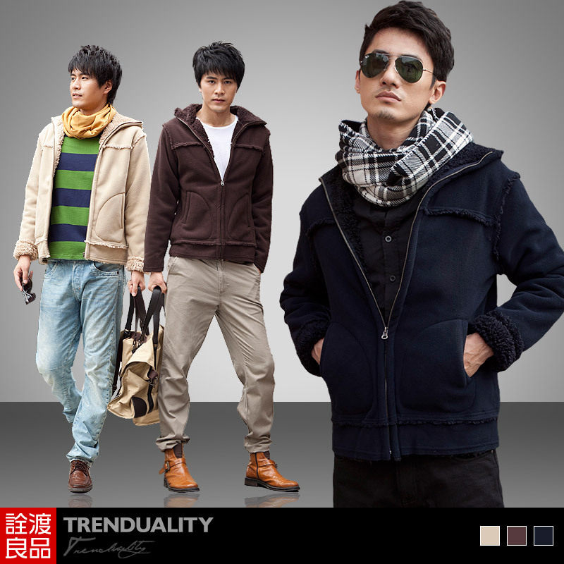 诠渡良品 2012春装热卖新款 男士保暖羊羔绒 连帽夹克男#TD203