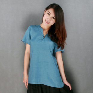 文艺小清新简单大方纽扣装饰收腰小V领棉麻短