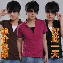 魅真维斯 2012新款夏装韩版男装 时尚非主流假两件V领男士短袖T恤