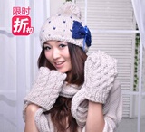 手工编织.超保暖.羊毛.帽子围巾两件套.蝴蝶结.女.礼物.团购 包邮