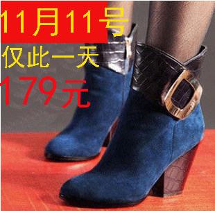 11.11购物狂欢包邮达芙妮新款真皮女鞋子粗跟高跟女靴子短靴