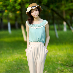妮以 2012 新款韩版女装 夏装背心式蕾丝花边连体裤连衣裤连身裤