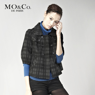 MO&amp;Co. 摩珂专柜 秋冬女装 M93COT24中袖双排扣格子毛呢外套
