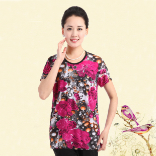 中老年女士圆领冰丝短袖T恤