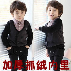  男童装儿童套装春秋新款韩版加厚抓绒外套学院风假二件套套装