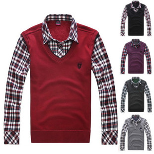  秋装新品反季格子衬衫假两件针织衫男毛衣毛线衣打底男包邮