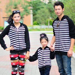  长绒条纹全家装亲子装秋装款冬装母女父女装拉链外套B6266