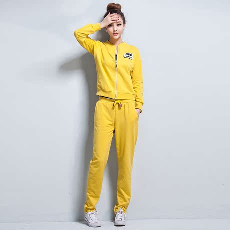 4春季新款韩版修身运动休闲卡通卫衣套装女米