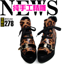 2012春夏新款真皮豹纹松糕厚底平跟短靴外贸百搭机车靴鱼嘴鞋尖头