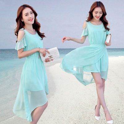 标题优化:2015夏季新款韩版女装修身圆领露肩短袖中长款纯色雪纺连衣裙长裙