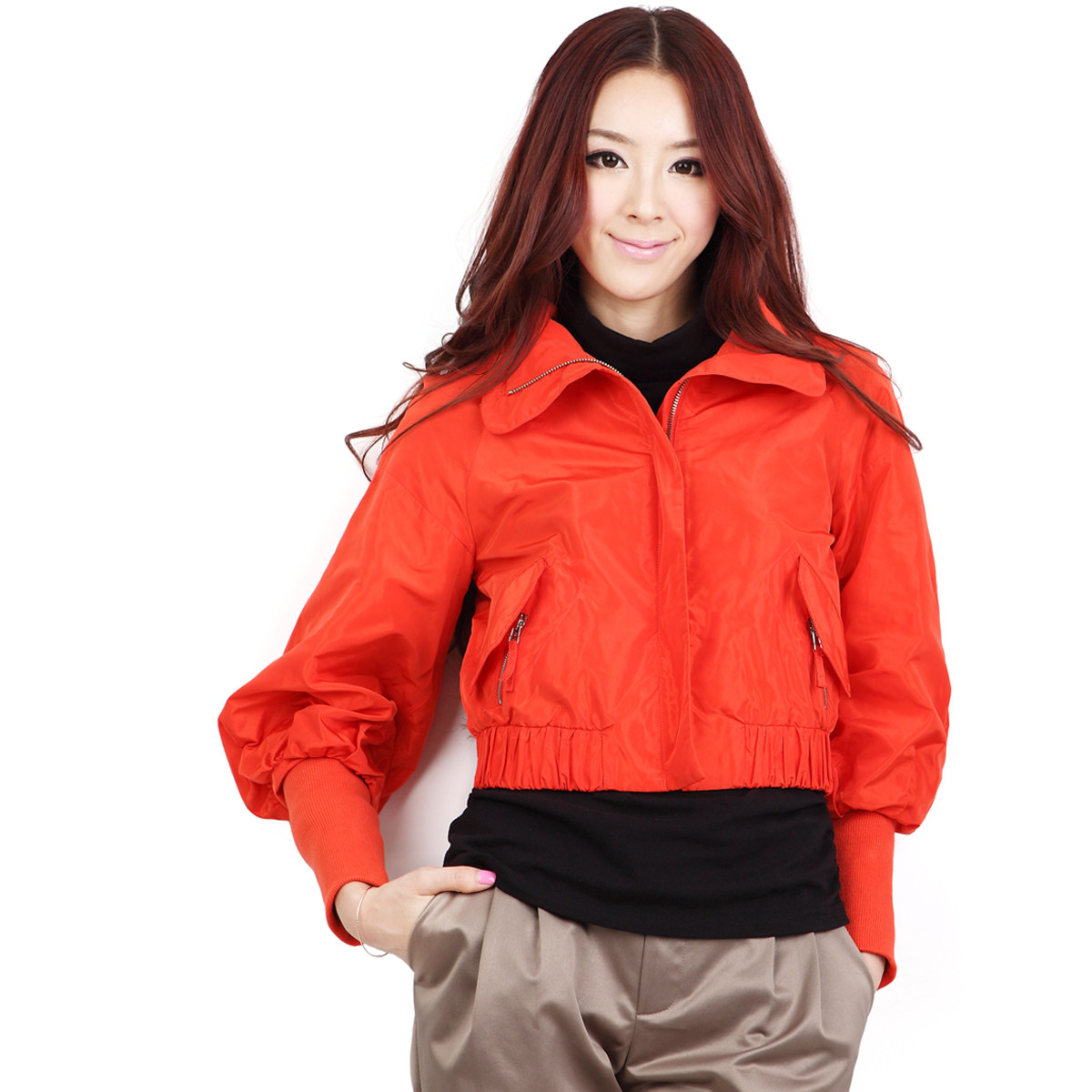 随意洒脱 O.SA2011新款秋装翻领修身灯笼袖休闲短外套 女 SW00504