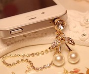 手机防尘塞吊坠金属流苏珍珠饰品可爱樱桃挂件气质萌三星配件