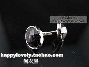  925纯银饰品镀白金 男女中性款切面黑玛瑙圆形耳钉/银饰/可买单只
