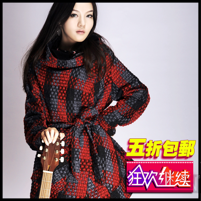 原创设计羊毛呢子外套中长款格子大衣...