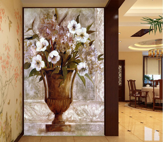 塞拉维无缝大型壁画 过道客厅玄关壁纸墙纸 欧式风格油画花瓶
