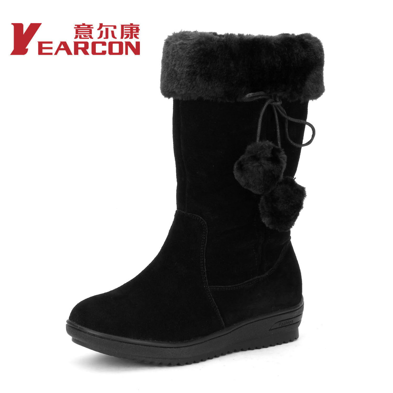 特价 意尔康正品包邮 牛皮中筒女靴可爱毛球雪地靴WGMW9115981