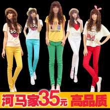 2012春装新韩版牛仔裤女薄弹力铅笔裤小脚裤彩裤显瘦排扣休闲裤子