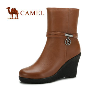  Camel骆驼女鞋 1058606 牛皮高跟中筒靴 冬季休闲女靴子