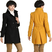 韩版冬装大衣女装毛呢外套中长款双排，扣修身黑色羊绒大衣女