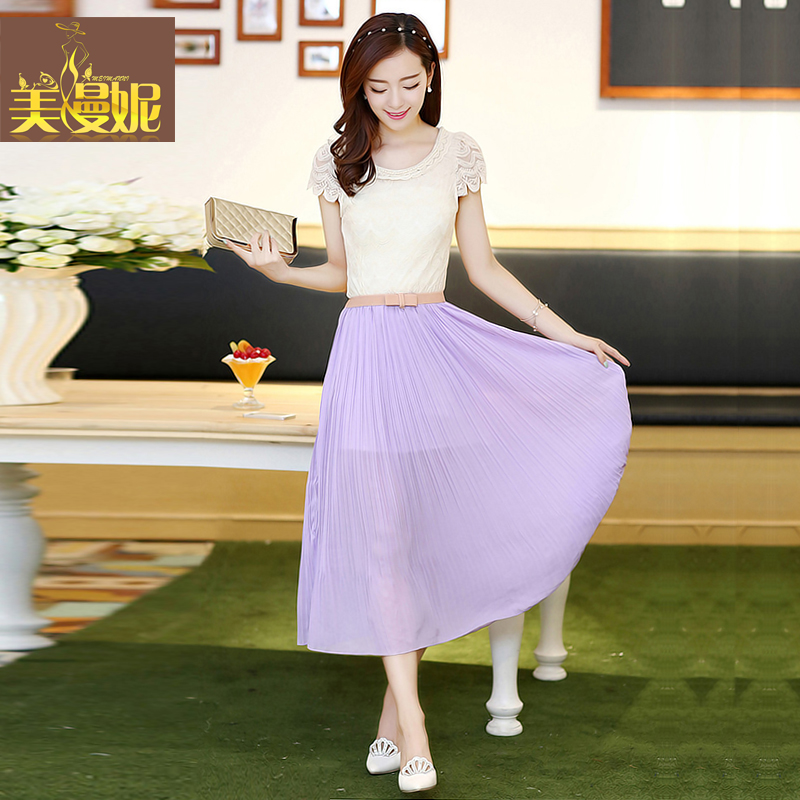 【裙子】美漫妮女装2014夏装新款韩版夏季波西米亚长裙蕾丝短袖雪纺连衣裙