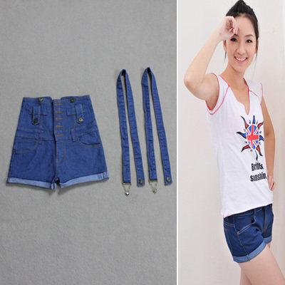 2012 Korean short paragraph wild denim shorts and suspenders and flanging button strap shorts pants cowboy influx of 152