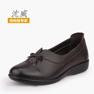  沈威 正品中老年女鞋妈妈鞋 真皮单鞋蝴蝶结平底鞋水钻平跟28201