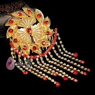  团圆新娘头饰头花中国风古装红色水钻流苏结婚发饰步摇旗袍配饰品
