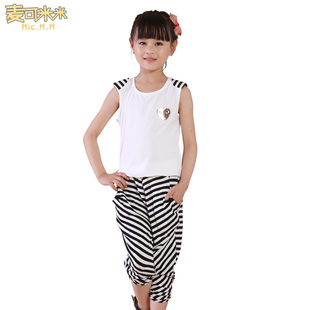  中大女童夏装新款儿童学院风套装纯棉韩版黑白条纹两件套