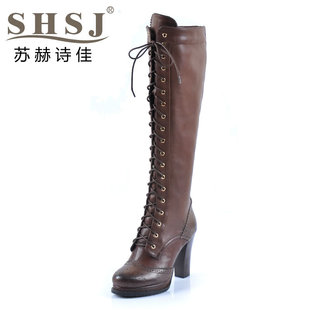  苏赫诗佳 羊皮交叉绑带粗跟马丁靴子 秋冬真皮英伦高跟长靴女靴