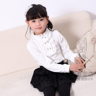  春秋女童韩版儿童装纯白保暖长袖T恤蕾丝加绒加厚高领打底衫