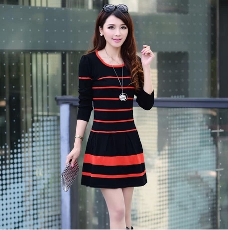 春<em>秋季</em>条纹<em>连衣裙</em>2014新款<em>毛衣</em>女装韩版修身