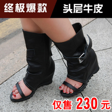 2012新款春秋夏季短靴子欧美罗马风高跟真皮鱼嘴靴坡跟防水台凉靴
