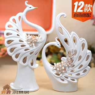  润林居手工描金陶瓷孔雀摆件现代时尚情侣工艺品家居饰品结婚礼物