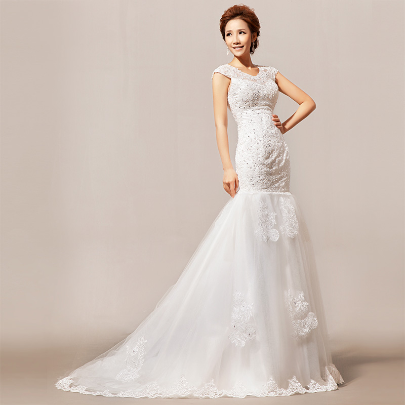 2013 新款新娘婚纱 天使蕾丝 亮片小拖尾 时尚优雅婚纱礼服HS136