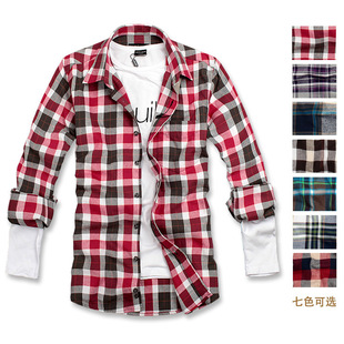 2011秋新品 男士时尚纯棉 休闲衬衣 磨毛格子长袖衬衫